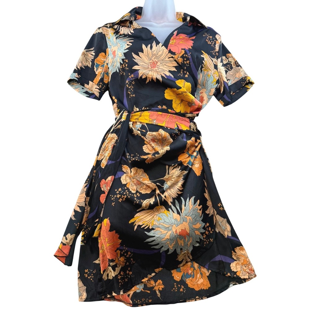 Blush BJ Womens Medium Dress Floral Short Sleeve Wrap S Party Fall Silky Collar